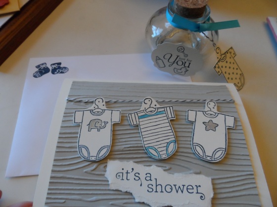 Onsie Baby Shower Theme Invitations and glass favor jar