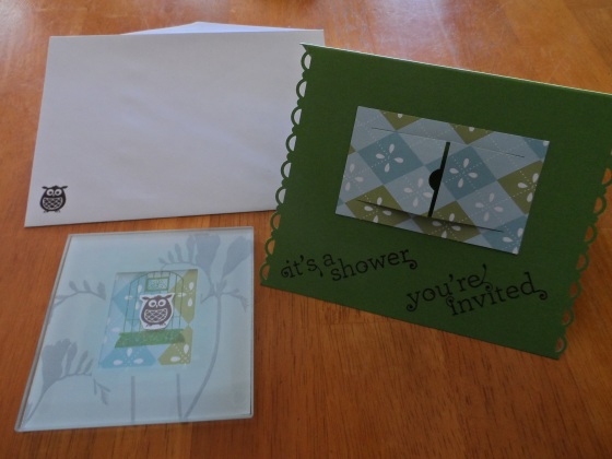 Baby Shower Invitations, Babies are a Hoot. Owl theme with matching glass coaster for a gift.